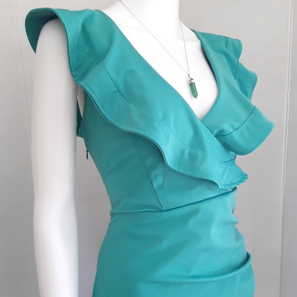 GREEN V-NECK RUFFLED COLLAR SIDE RUCHED DRESS SZ 12 - Picture 5 of 8